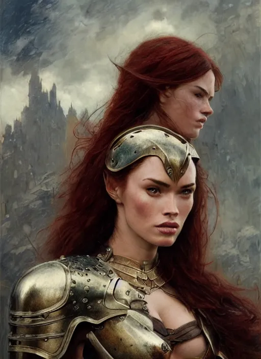 Image similar to short muscular redheaded woman wearing realistic medieval armour, megan fox, detailed by gaston bussiere, bayard wu, greg rutkowski, giger, maxim verehin, greg rutkowski, masterpiece, sharp focus, cinematic lightning