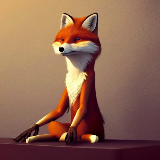 Prompt: an anthropomorphic fox wearing a t-shirt and leans, sitting on a couch, art, artstation, very coherent symmetrical artwork, highly detailed, realistic, octane render