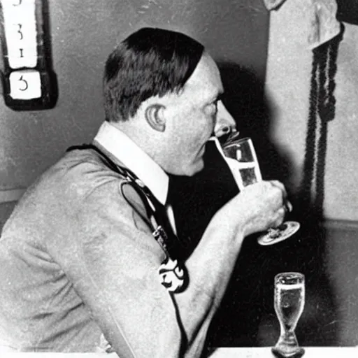 Prompt: Adolf Hitler as a prisoner, drinking a beer