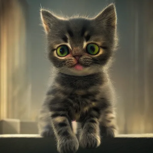 Image similar to hyperrealistic photograph of an adorable kitten, dim volumetric lighting, 8 k, octane beautifully detailed render, extremely hyper detailed, intricate, epic composition, cinematic lighting, masterpiece, trending on artstation, very very detailed, stunning, hdr, smooth, sharp focus, high resolution, award, winning photo,