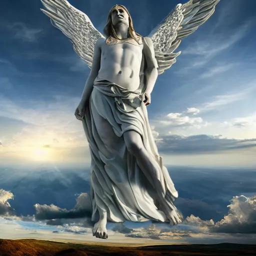 Image similar to gigantic biblical depiction of an angel towering over a vast landscape, cinematic, realistic, geometric body, photorealistic, detailed, white body, global illumination, volumetric lighting, 8 k, god rays, beautiful, majestic clouds