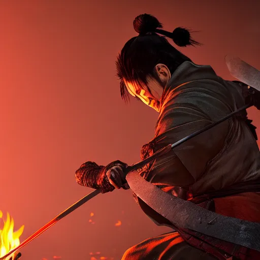 Image similar to japanese ninja boss inspired from sekiro shadows die twice near a camp fire, evening time, digital illustration, crisp details, highly detailed art, 8k image quality, intense atmosphere, full body camera shot