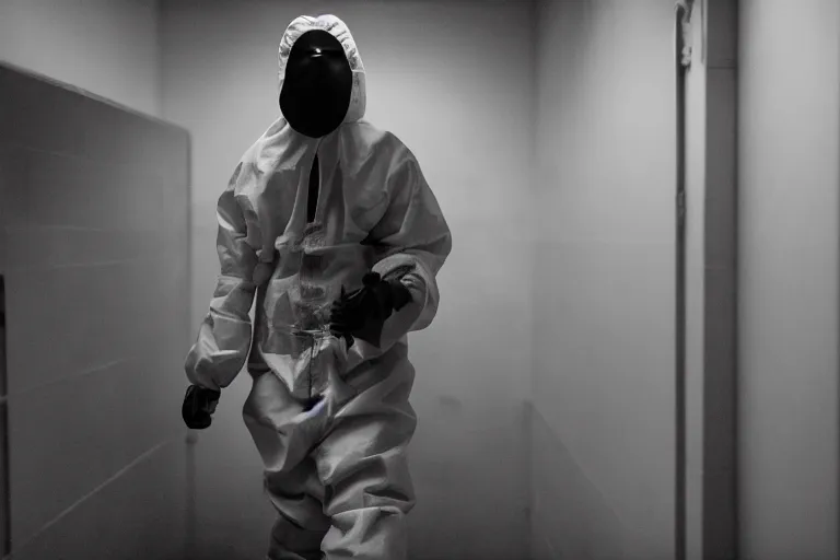 Prompt: a cinematic portrait of a prisoner dressed in a a black and white hazmat suit, in a small prison cell, dust storm, annie leibovitz and zack snyder, 8 k, hd, high resolution, 8 5 mm, f / 1. 8