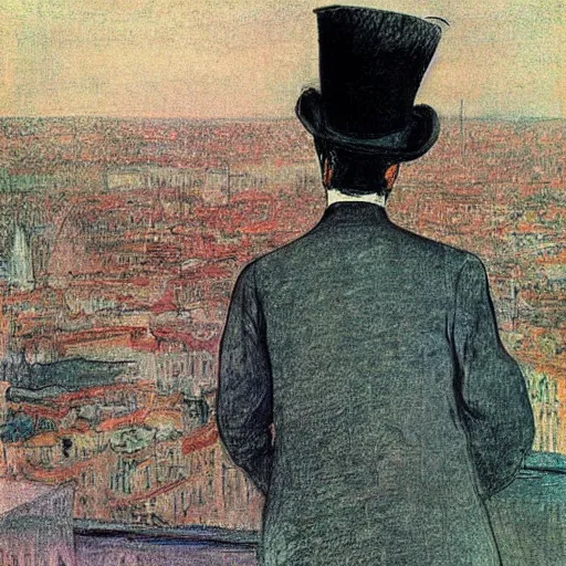 Image similar to A beautiful digital art of a man with a beard and a top hat, looking over a cityscape. by Henri de Toulouse-Lautrec