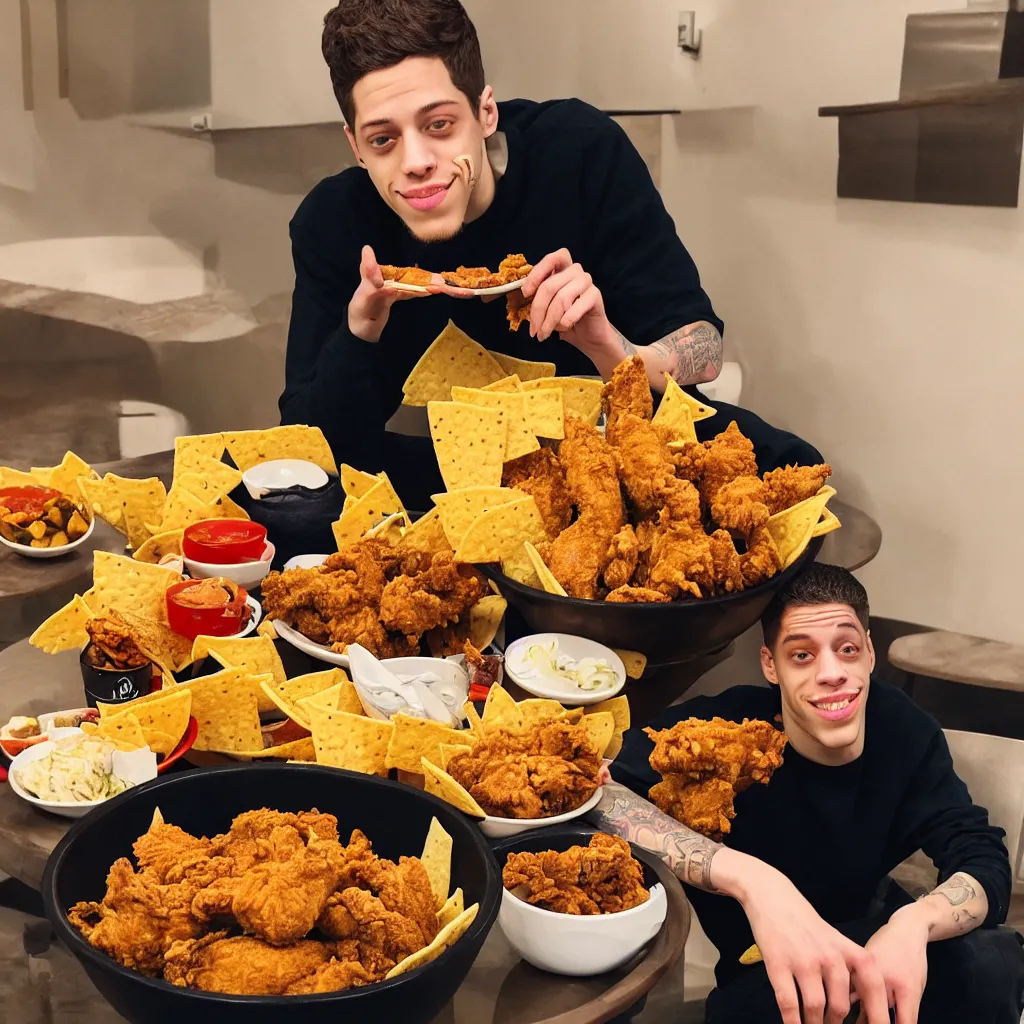 Prompt: pete davidson sitting in a bowl of nice fried chicken and nachos