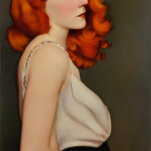 Image similar to an oil painting depicting an redhead girl, 1920s style, smooth, highly detailed, high contrast, Coles Phillips, Dean Cornwell, JC Leyendecker, 8K