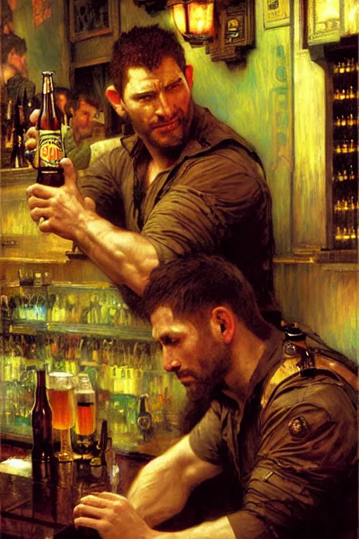 Prompt: chris redfield drinking beer in a bar, painting by gaston bussiere, craig mullins, greg rutkowski, alphonse mucha