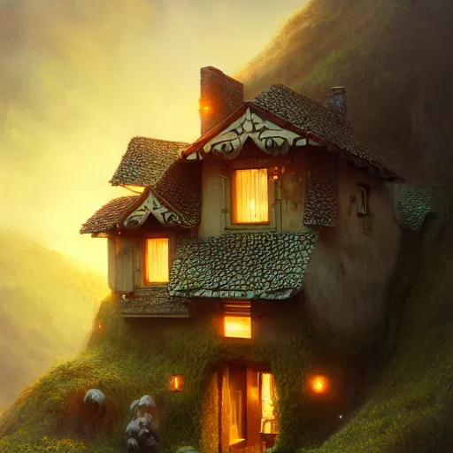 Image similar to small hillside house made of honey and milk, modern lighting, hyper - realistic, hyper - detailed, 8 k, octane rendered, art nouveau, organic, flowing, impossible torsion, writhing, dusk, lush, dynamic, in the style of ross tran and jean baptiste monge