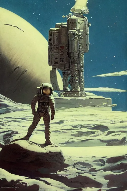 Prompt: an epic painting of a futuristic astronaut standing on an airless icy planet in the endless starry night of space, detailed, soft focus, brilliant, 4k, 8k, HD, trending on artstation, art by Frank Frazetta and Moebius