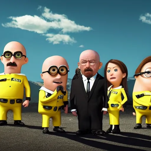 Image similar to An award winning photo of the Breaking Bad cast but they're minions. Ultra HD, hyper realistic, 8K.
