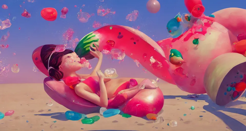 Image similar to A beautiful artwork illustration, detailed, bubbly, watermelon, sodapop, beach, jolly ranchers, birds, diamonds, girls, subsurface scattering, cartoon-y, featured on Artstation, wide angle, horizontal orientation, very coherent, cinematic, high detail, octane render, 8k