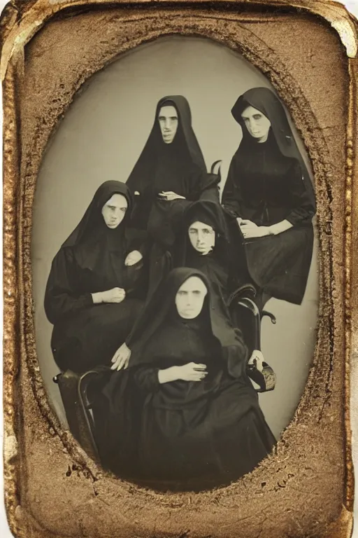 Image similar to daguerreotype of nuns riding cats