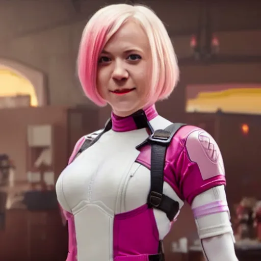 Prompt: A still of Gwenpool in Deadpool 3 (2023), beautiful face, blonde hair with pink highlights, no mask, white and light-pink outfit, smiling at the camera, comics accurate uniform design, holster belt below her bustline, long katanas strapped to her back