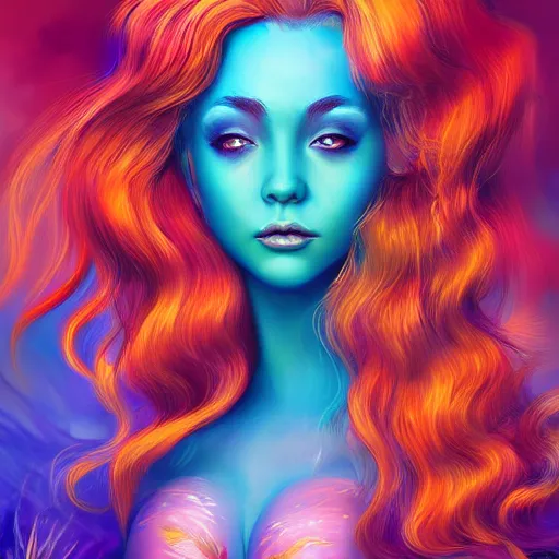 Image similar to a beautiful stunning interesting detailed fantasy whimsical matte digital portrait illustration of a mermaid with turqoise hair, yellow-orange and red-violet sunset, spectacular sunset, a painting by Ross Tran, trending on artstation hq, contest winner