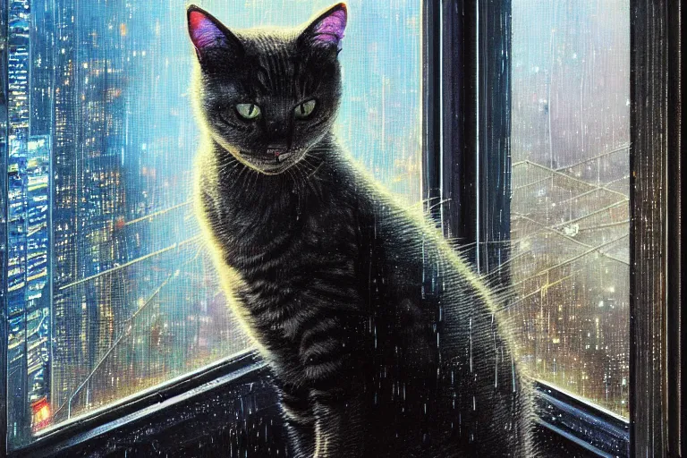 Prompt: highly detailed painting of a cat sitting on a dark hotel window sill, looking out a rain-streaked blurry window overlooking a bright futuristic cyberpunk cityscape, midnight, intricate, by Ayami Kojima, Amano, Karol Bak, Greg Hildebrandt, and Mark Brooks. Beksinski painting, part by Adrian Ghenie and Gerhard Richter. art by Takato Yamamoto. ancient cyberpunk 8k resolution, vibrant deep colors, masterpiece, stunning, artstation