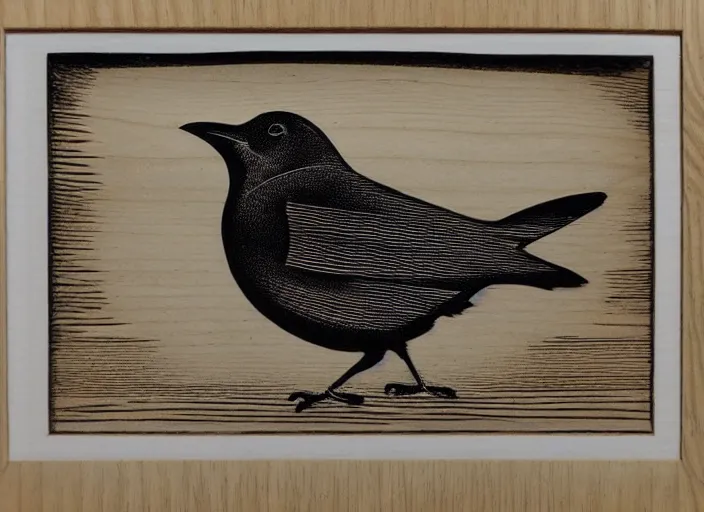 Image similar to a beautiful Wood engraving on paper of a Blackbird, framed with a white border