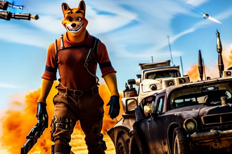 Image similar to nick wilde, heavily armed and armored facing down armageddon in a dark and gritty reboot from the makers of mad max : fury road