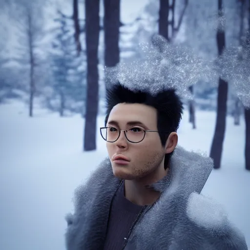 Image similar to a portrait of the artist as a young man. 3 d posing, frozen ice dark forest background, snowing, bokeh, inspired by masami kurumada, octane render, volumetric lighting