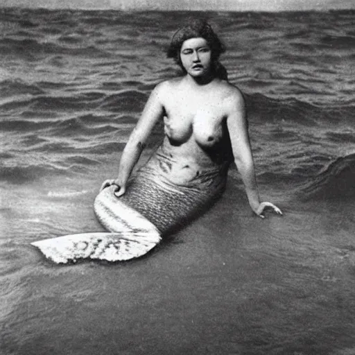 Image similar to early 1900s photograph of a mermaid in the sea