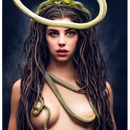 Prompt: Full body photo of the beautiful goddess Lana Rhoades as Medusa the greek goddess, she has those characteristic snakes coming out of her head, her skin tone is clean, she is looking straight to the camera, she has a glow coming from her, she is getting illuminated for rays of light, behind her is a scary atmosphere, the photo was taking by Annie Leibovitz, matte painting, oil painting, naturalism, 4k, 8k