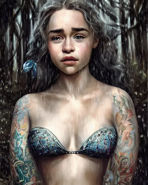 Prompt: emilia clarke as a beautiful tattooed female maid wearing a magical bikini in a magical raining forest, highly detailed and realistic face, rain drops on face, beautiful detailed eyes with a piercing gaze, fantasy art, in the style of artgerm, illustration, epic, fantasy, intricate, hyper detailed, artstation, concept art, smooth, sharp focus, ray tracing, vibrant, photorealistic