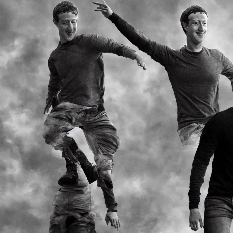 Prompt: mark zuckerberg dancing, heroic shot, post apocalyptic, cyberpunk