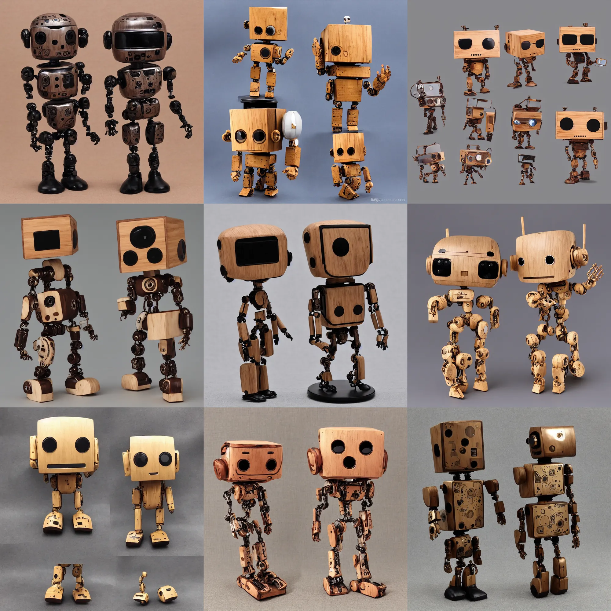 Prompt: realistic a wooden sculpture art toys collectible very cute android robot mascot figure cyberpunk as a funko