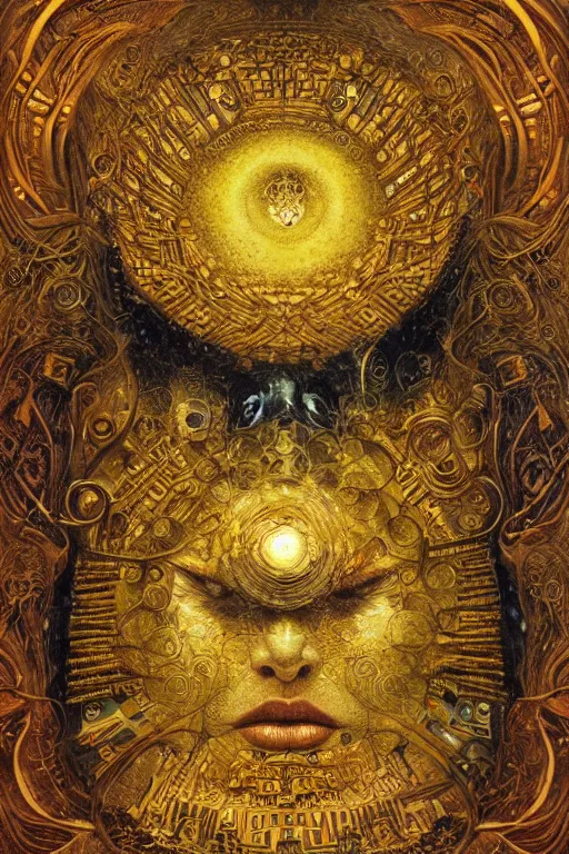 Image similar to The Helliquary by Karol Bak, Jean Deville, Gustav Klimt, and Vincent Van Gogh, lockbox, otherworldly, fractal structures, arcane, inferno, inscribed runes, reliquary, infernal relics, ornate gilded medieval icon, third eye, spirals