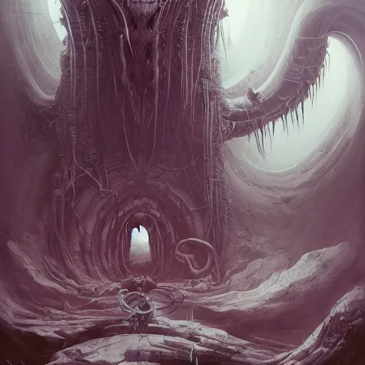 Prompt: tunnel in a monster mouth, creepy, spooky, epic scene, surrealism, art by peter mohrbacher, tsutomu nihei, h. r. giger and zdzisław beksinski, 4 k, realistic