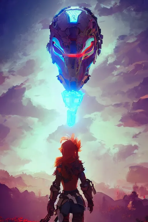 Image similar to combination suit armor aloy horizon forbidden west horizon zero dawn radiating a glowing aura global illumination ray tracing hdr fanart arstation by ian pesty and alena aenami artworks in 4 k tribal robot ninja mask helmet backpack