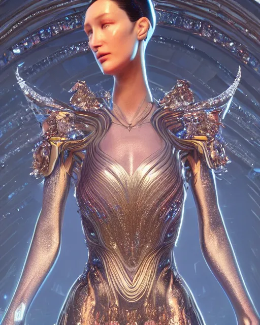 Image similar to a highly detailed metahuman 8 k close up render of bella hadid evangelion renaissance in iris van herpen dress schiaparelli in diamonds crystals swarovski and jewelry iridescent in style of alphonse mucha gustav klimt trending on artstation made in unreal engine 4