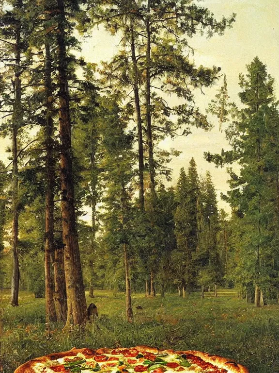 Prompt: Ivan Shishkin painting of a beautiful pizza at forest, beautiful lighting, sunny, summer, painting Ivan Shishkin