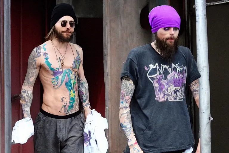 Image similar to jared leto as a white gang member wearing a purple head covering made from a polyester or nylon material and a stained white tank top caught dealing drugs inside a detroit gang trap house, arms covered in gang tattoo, paparazzi, leaked footage, uncomfortable, bad quality