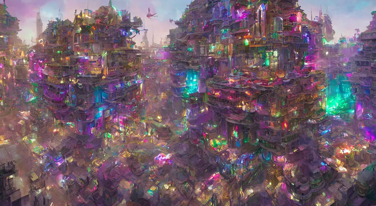 Image similar to bazaar zouk place aladin block greeble multicolorful sky shine mattepainting, street art, trending on artstation, by huang guangjian and gil elvgren and sachin teng