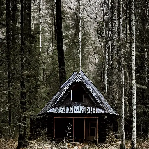 Image similar to a photo of a Eerie cabin in the middle of the woods in the style of Yohji Yamamoto