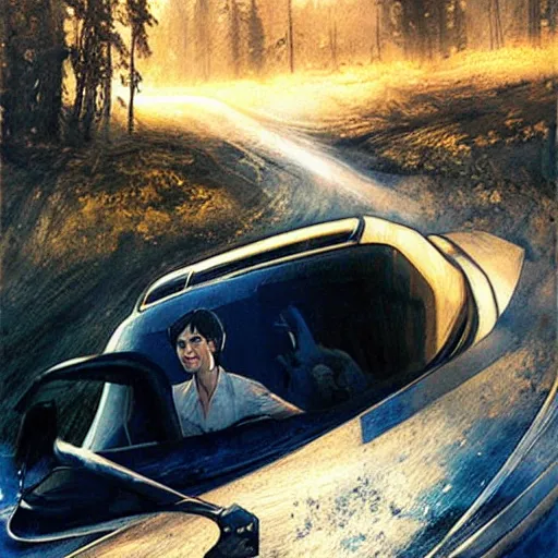 Prompt: David Copperfield face printed on a magical body car, running fast on a californian highway, rays of light, particles light, kuvshinov ilya