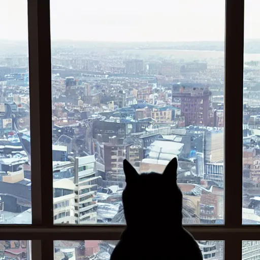 Image similar to still of cat in a suit looking out at the skyline from a penthouse suite, cinematic,