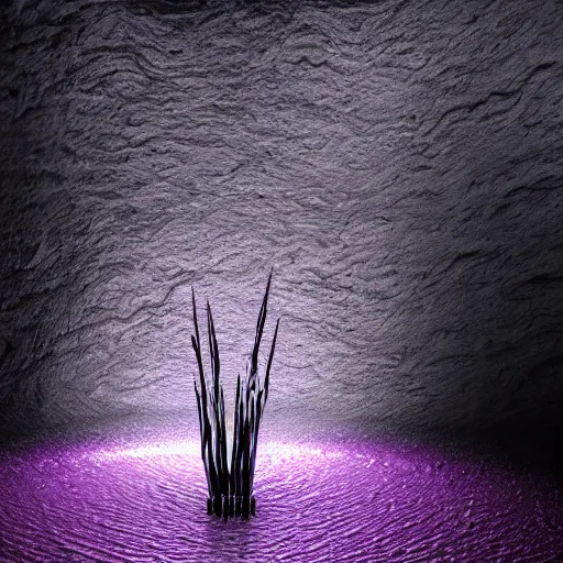 Image similar to purple fluid dripping down black spikes in a dark cave with a single lit torch, cinematic lighting, 8k render, ultra HD,