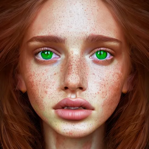 Image similar to beautiful hyperrealism hyperdetailed selfie of a cute young woman, long light bronze brown hair, flushed face, red blush, light freckles, puffy lips, soft features, emerald green eyes, 8 k, sharp focus, art by irakli nadar