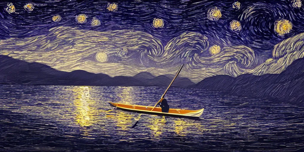 Prompt: boy rowing a boat in the sea of the starry night with mysterious light, digital art style, illustration painting, 4 k,