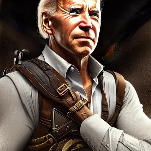 Image similar to Joe Biden face in the role of Nathan Drake, western, D&D, fantasy, intricate, elegant, highly detailed, digital painting, artstation, concept art, matte, sharp focus, illustration, art by Artgerm and Greg Rutkowski and Alphonse Mucha