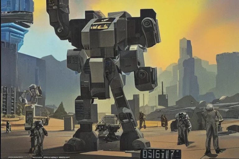 Prompt: 1 9 7 9 science fiction focusing on mechwarrior posing at street level in with beautiful scenery. depth of field art by tim conrad and vic bonilla