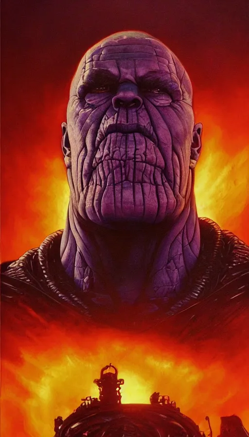 Prompt: thanos face close up on the apocalypse now poster, red sunset, snake river in the jungle, black helicopters, air brush, oil paint, radiant light, caustics, heroic, bright iridescent light, by gaston bussiere, by bayard wu, by greg rutkowski, by maxim verehin