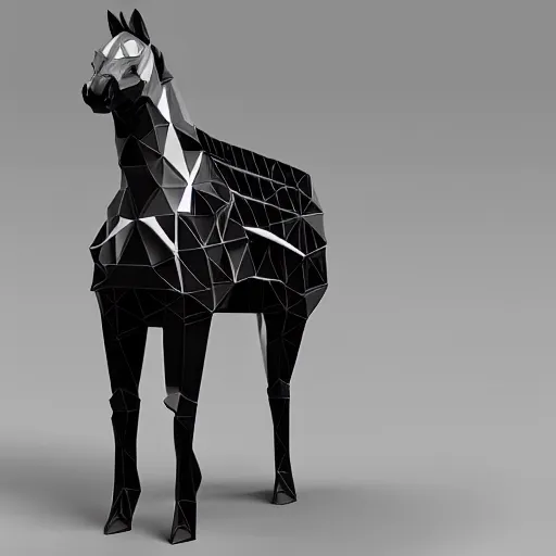 Prompt: horse wearing low-poly, futuristic body armor designed by zaha hadid