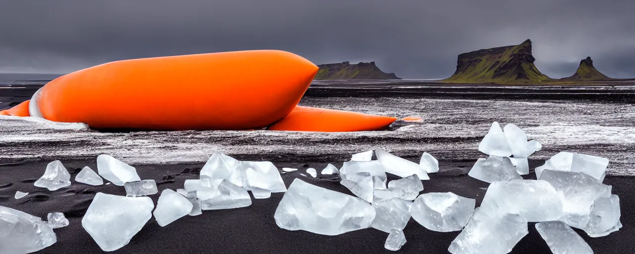 Image similar to cinematic shot of giant orange and white military spacecraft wreckage on an endless black sand beach in iceland with icebergs in the distance, 2 8 mm, shockwave