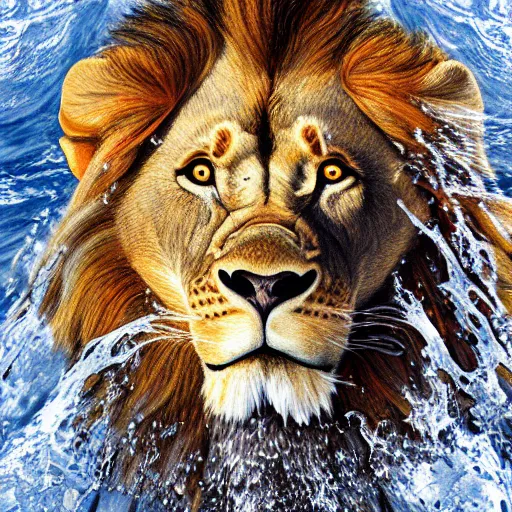 Image similar to a male lion's face breaching through a wall of water, water sprites, splashing, deep blue water color, highly detailed, realistic digital art