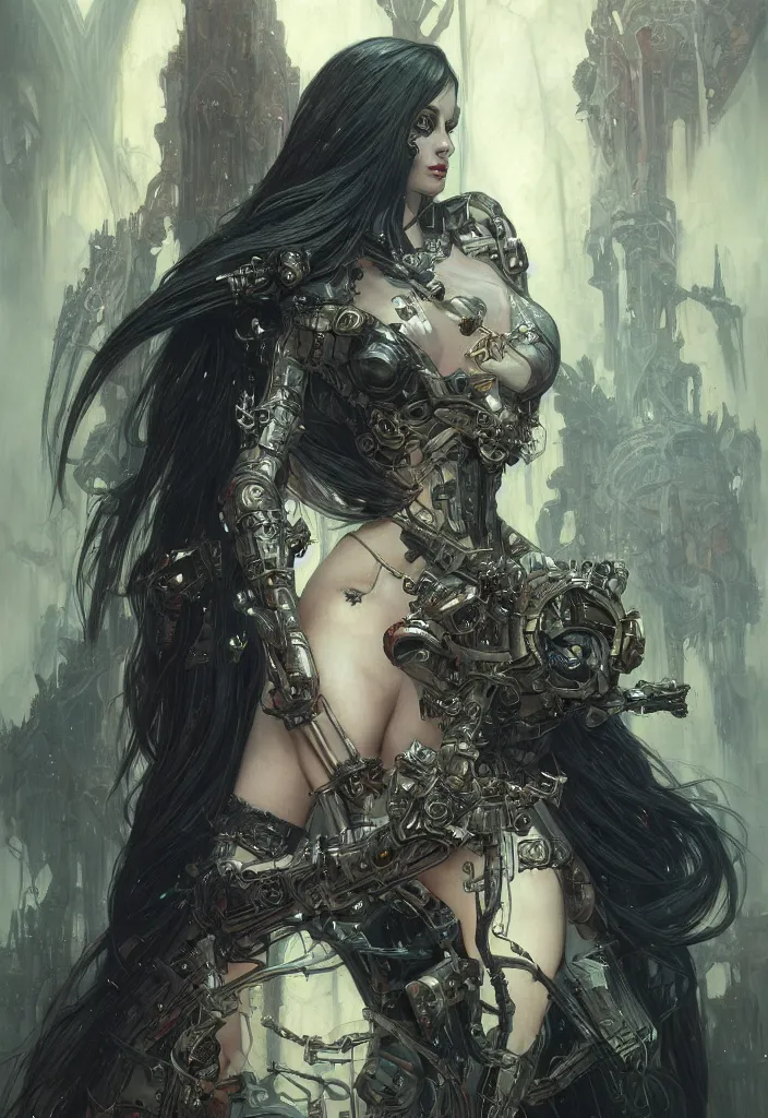 Image similar to portrait of beautiful pale gothic maiden, warhammer 40000, cyberpunk, intricate, elegant, highly detailed, digital painting, artstation, concept art, smooth, sharp focus, illustration, art by artgerm and greg rutkowski and alphonse mucha and Gustav Klimt