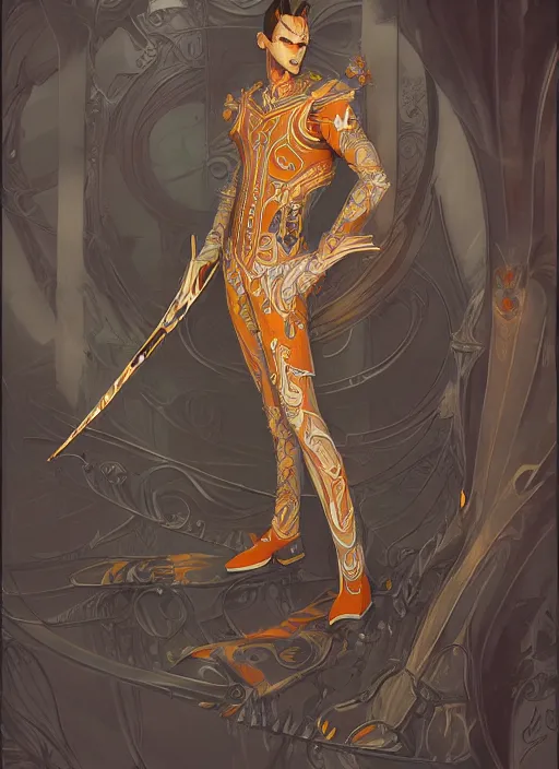 Image similar to tall thin male, jack pumpkinhead, full body character concept, art nouveau, super powers, fantasy, intricate, elegant, highly detailed, digital painting, artstation, concept art, shining, sharp focus, illustration, art by stanley lau