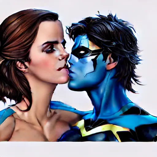 Prompt: emma watson kissing nightwing, realistic, intricate, elegant, art by artgerm and wlop