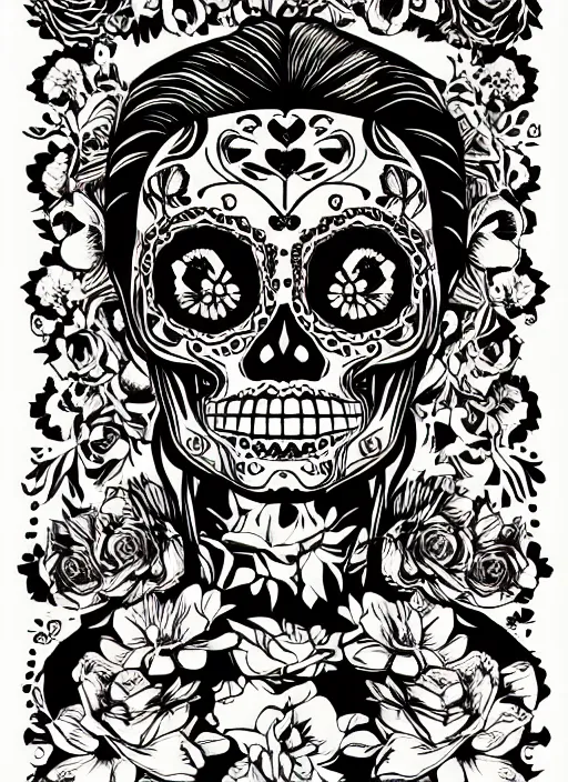 Prompt: dia de los muertos theme multicolor woodcut in the styles of artemio rodriguez, lisa brawn, and gustave bauman, intricate, hyperrealistic, accurate facial details, profile picture, line art, vector graphic